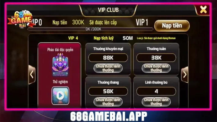 Khuyến mãi quà thưởng vip 4 68 club game bài